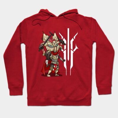 Red graphic hoodie featuring a warrior character design, comfortable cotton blend, ideal for casual wear.