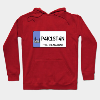 Red hoodie with Islamabad license plate graphic, casual style, cotton material, ideal for everyday wear.