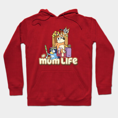 Red hoodie with playful cartoon design, "#MomLife" text, casual wear, cotton blend, for everyday comfort and style.