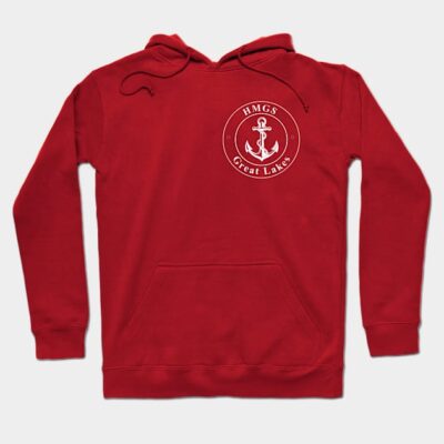 Red hoodie with anchor logo, cotton material, casual wear, perfect for layering and outdoor activities.