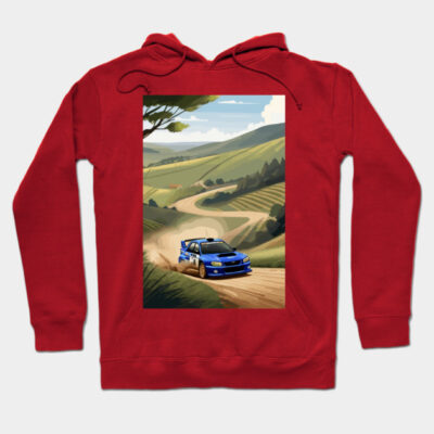 Red hoodie featuring a scenic rally car print, perfect for casual wear, made from soft cotton blend material.