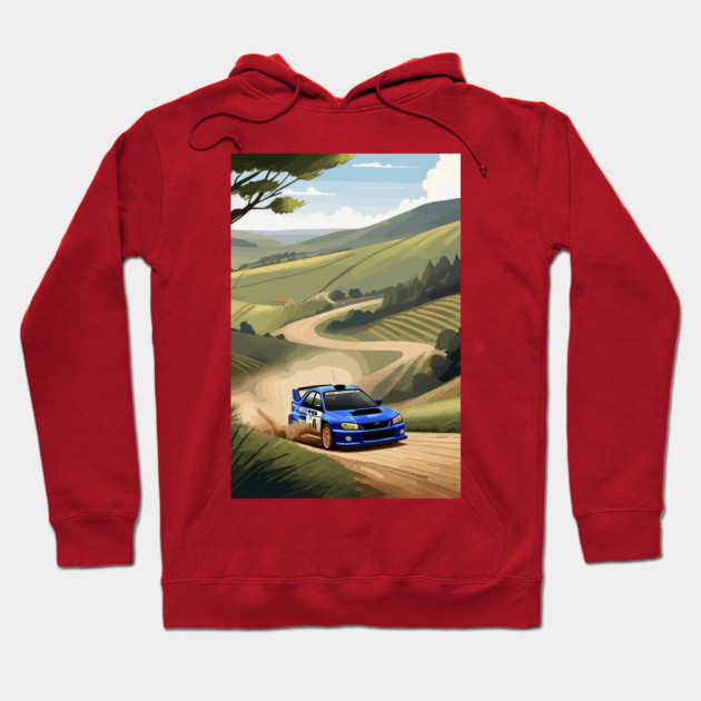 Red hoodie featuring a scenic rally car print, perfect for casual wear, made from soft cotton blend material.