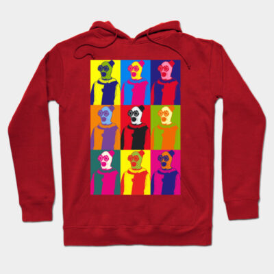 Red hoodie with colorful pop art design, featuring abstract prints. Ideal for casual wear, made from soft cotton blend.