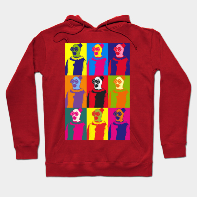 Red hoodie with colorful pop art design, featuring abstract prints. Ideal for casual wear, made from soft cotton blend.