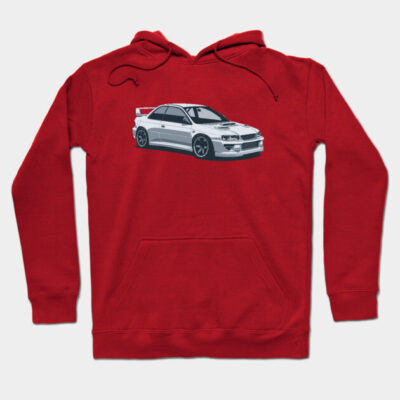 Red hoodie with car graphic, featuring adjustable drawstrings and front pocket. Ideal for casual wear and comfort.
