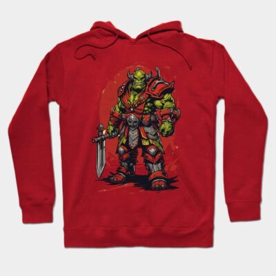 Red hoodie with fantasy warrior design, cotton material, casual style, perfect for gaming fans or everyday wear.