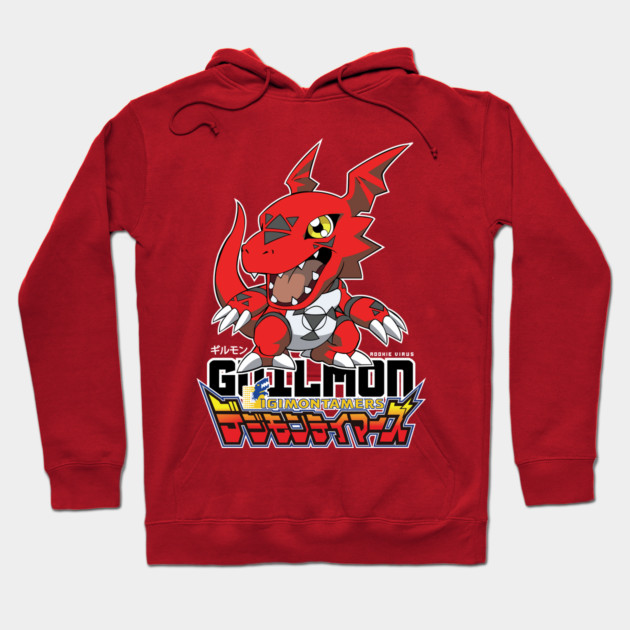 Red hoodie with cartoon dragon design, featuring bold text. Perfect for casual wear and fans of animated series.
