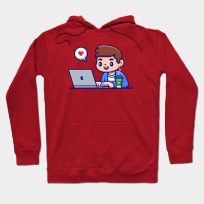 Red hoodie with cartoon design of person using laptop, casual style, cozy cotton material, perfect for everyday wear.