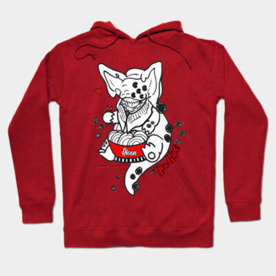 Red hoodie with playful cartoon design, featuring a whimsical character enjoying noodles, perfect for casual wear.