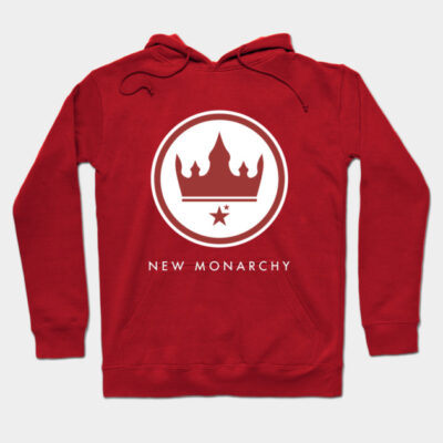 Red hoodie with "New Monarchy" logo, crown design, casual style, cotton material, perfect for everyday wear.