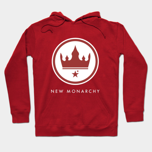 Red hoodie with "New Monarchy" logo, crown design, casual style, cotton material, perfect for everyday wear.