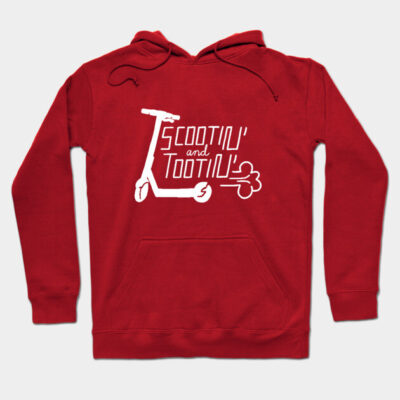 Red hoodie with "Scootin' and Tootin'" graphic, cozy cotton blend, casual style, perfect for everyday wear.