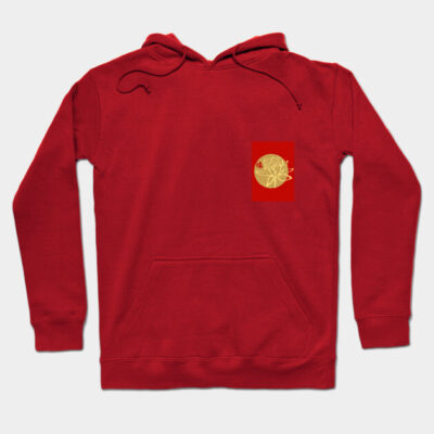 Red cotton hoodie with front pocket, featuring a unique gold tree design. Casual wear for comfort and style.