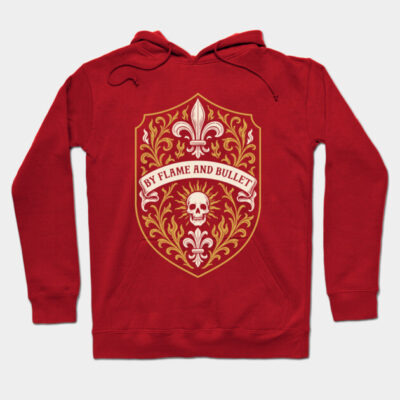 Red hoodie with medieval-style crest, featuring a skull and ornate design, ideal for casual wear and made of cotton blend.