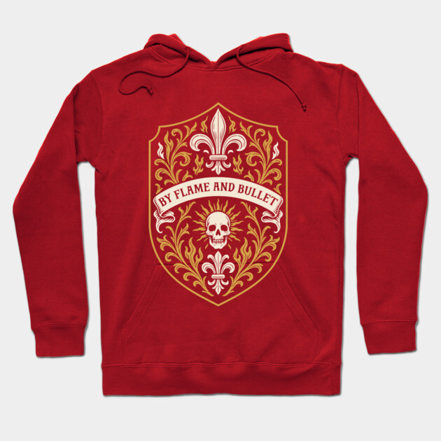 Red hoodie with medieval-style crest, featuring a skull and ornate design, ideal for casual wear and made of cotton blend.
