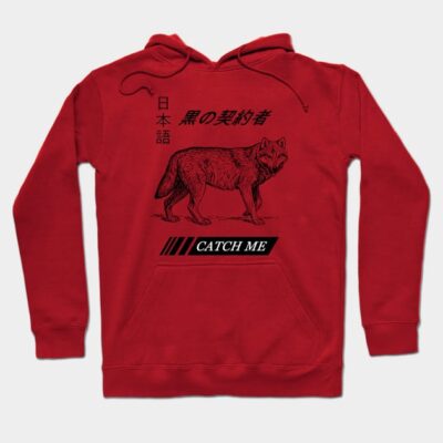 Red hoodie with black wolf graphic and "Catch Me" text, featuring Japanese characters, casual style, cotton material.