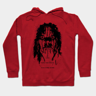 Red horror-themed hoodie with graphic design, featuring bold text, perfect for casual wear or Halloween events.