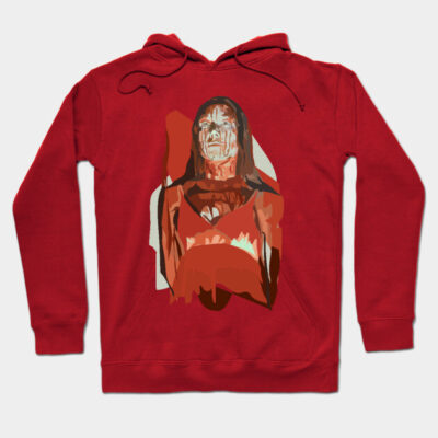 Red hoodie with abstract art design, casual style, ideal for everyday wear, cotton blend material.
