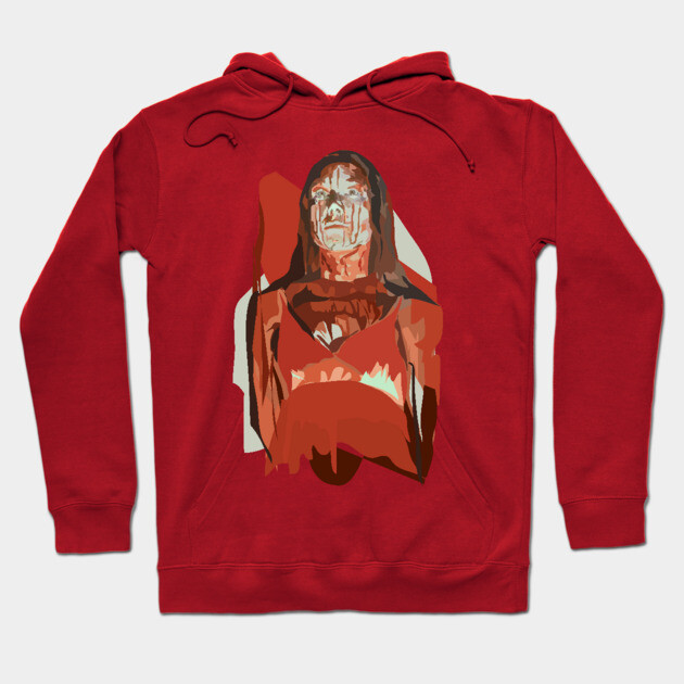 Red hoodie with abstract art design, casual style, ideal for everyday wear, cotton blend material.