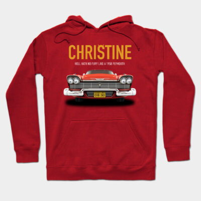 Red hoodie with vintage car graphic and "Christine" text, ideal for casual wear, soft cotton blend material.