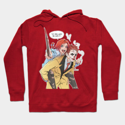 Red hoodie with playful graphic print, featuring cartoon characters, casual style, cotton blend material, unisex design.