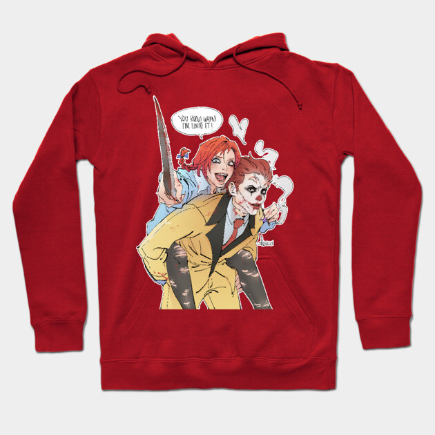 Red hoodie with playful graphic print, featuring cartoon characters, casual style, cotton blend material, unisex design.