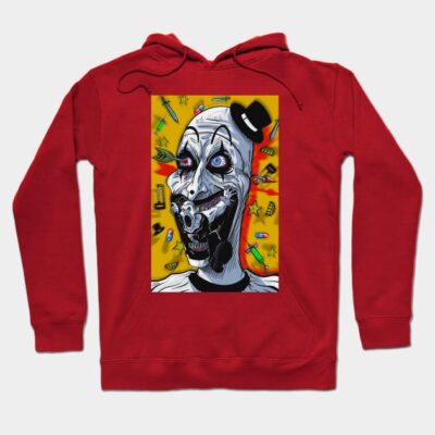 Red hoodie with colorful clown graphic, perfect for casual wear. Cozy fleece material for warmth and comfort.