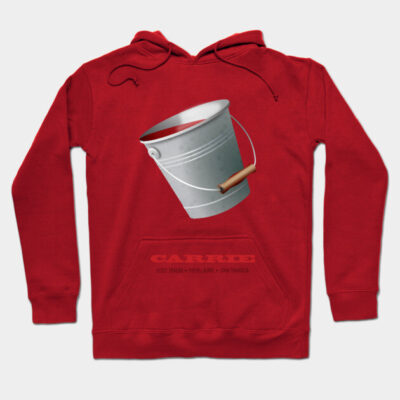 Red hoodie with printed gray bucket graphic, casual style, soft cotton material, ideal for everyday wear.