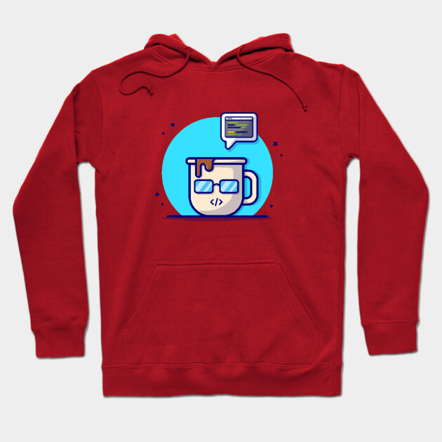Red hoodie with graphic mug design, cozy style, ideal for casual wear, cotton blend material, unisex fit.