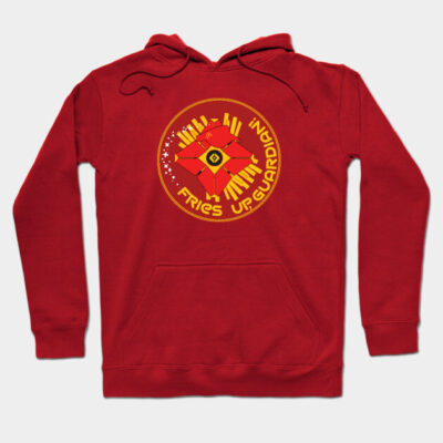 Red hoodie with a humorous graphic design, featuring text and star pattern. Perfect for casual wear and gifting.