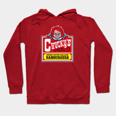 Red hoodie with "Chucky's Good Guys Killer Hamburgers" graphic, casual style, cotton blend, unisex design.