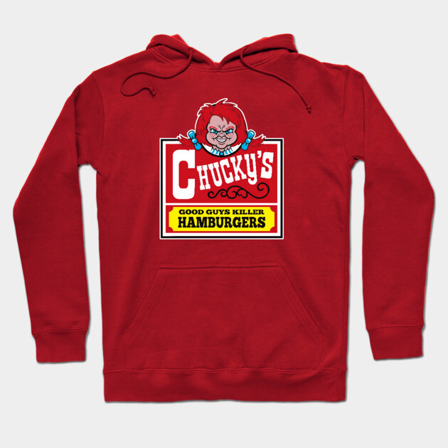 Red hoodie with "Chucky's Good Guys Killer Hamburgers" graphic, casual style, cotton blend, unisex design.