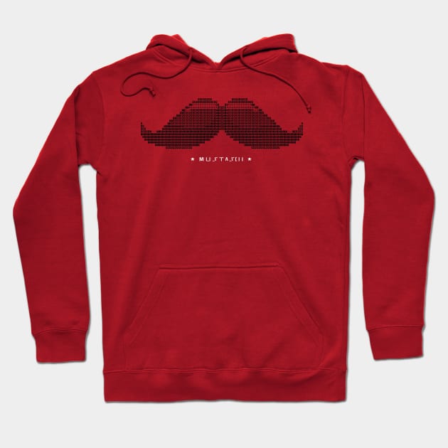 Red hoodie with black pixelated mustache design, front pocket, and drawstring hood; casual cotton sweatshirt.