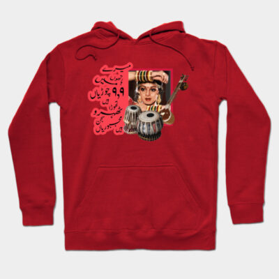 Red hoodie with vibrant cultural design, featuring musical instruments and artistic elements, perfect for casual wear.