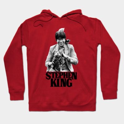 Red hoodie with a graphic print of a person and a cat, featuring bold text. Casual wear, cotton blend material.