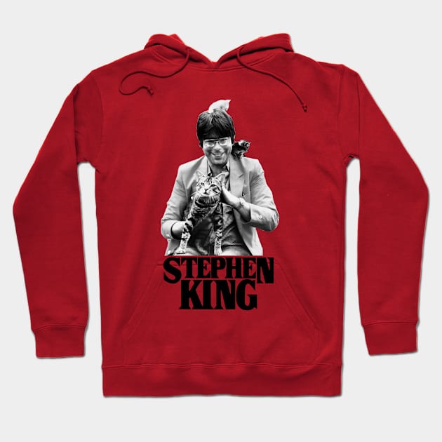 Red hoodie with a graphic print of a person and a cat, featuring bold text. Casual wear, cotton blend material.
