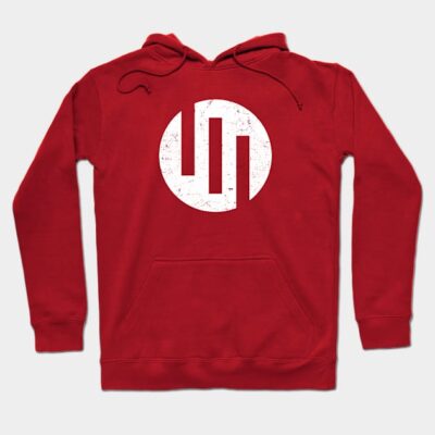 Red graphic hoodie with white geometric logo, featuring a cozy fit and front pocket, ideal for casual wear.