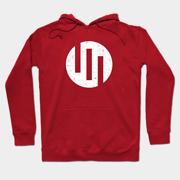 Red graphic hoodie with white geometric logo, featuring a cozy fit and front pocket, ideal for casual wear.