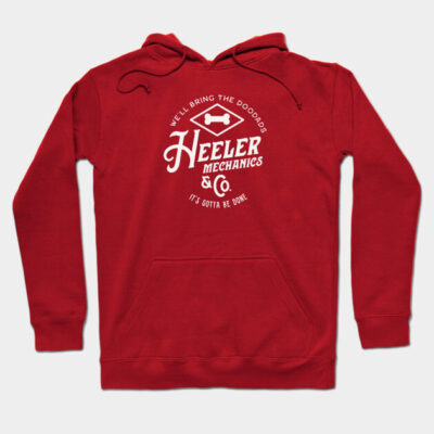 Red hoodie with "Heeler Mechanics" logo, front pocket, drawstring hood; cozy cotton blend, casual wear.