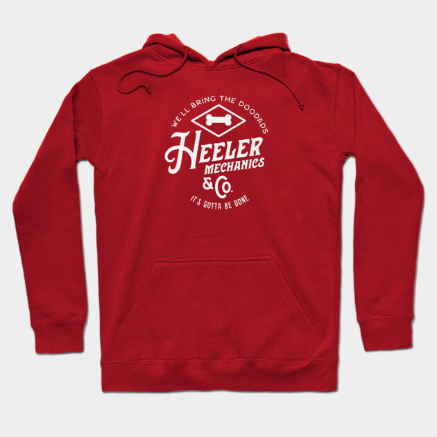 Red hoodie with "Heeler Mechanics" logo, front pocket, drawstring hood; cozy cotton blend, casual wear.