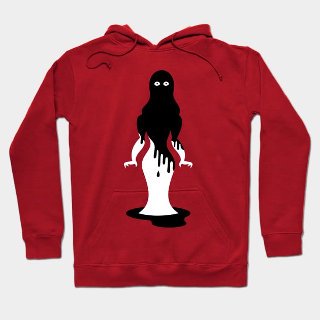 Red hoodie with black and white abstract design, featuring a spooky graphic. Casual wear, cozy cotton material.