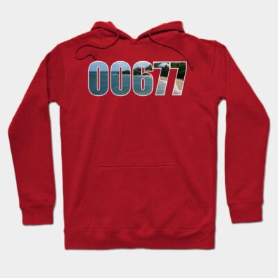 Red hoodie with "00677" graphic design, featuring a front pocket and drawstring hood. Cozy and stylish casual wear.