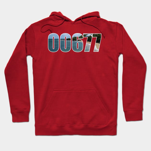 Red hoodie with "00677" graphic design, featuring a front pocket and drawstring hood. Cozy and stylish casual wear.