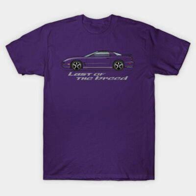 Purple graphic t-shirt featuring a sporty car design with the text "Last of the Breed," ideal for car enthusiasts.