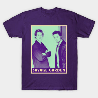 Purple graphic t-shirt featuring retro-style band design, short-sleeved, casual wear, 100% cotton.