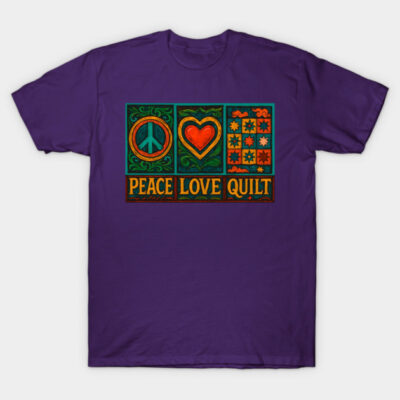 peace love quilt quilter quilting woodcut lino cut groovy hippie T-Shirt by BigMRanch