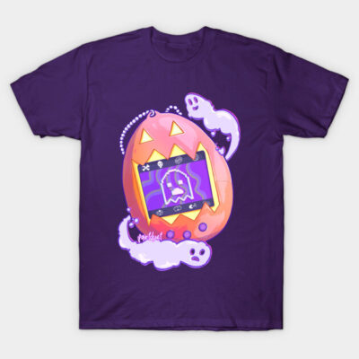 Purple Halloween-themed t-shirt with ghost and pumpkin design, perfect for festive occasions and casual wear.