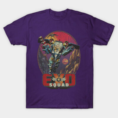 Purple graphic t-shirt with sci-fi design, featuring text "EXO SQUAD" in bold. Casual wear, cotton material.