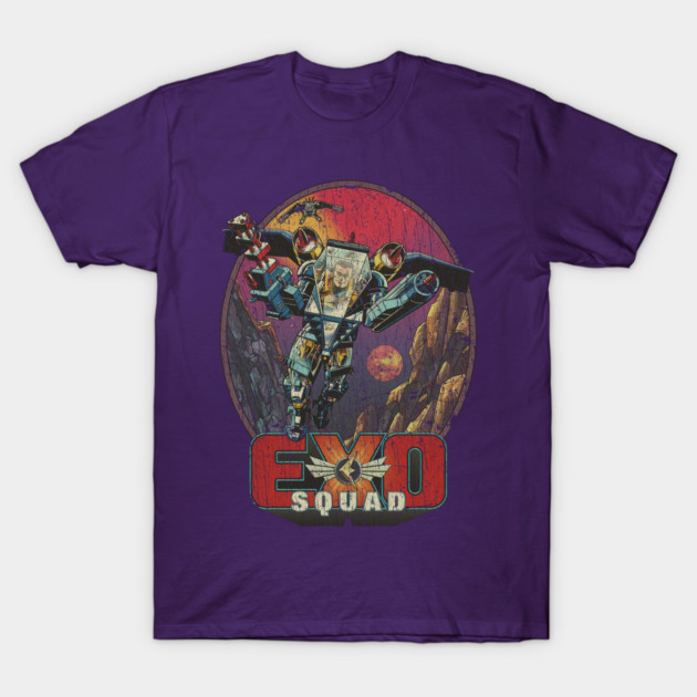 Purple graphic t-shirt with sci-fi design, featuring text "EXO SQUAD" in bold. Casual wear, cotton material.