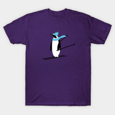 Purple T-shirt featuring skiing penguin graphic, casual style, cotton material, fun winter-themed design.